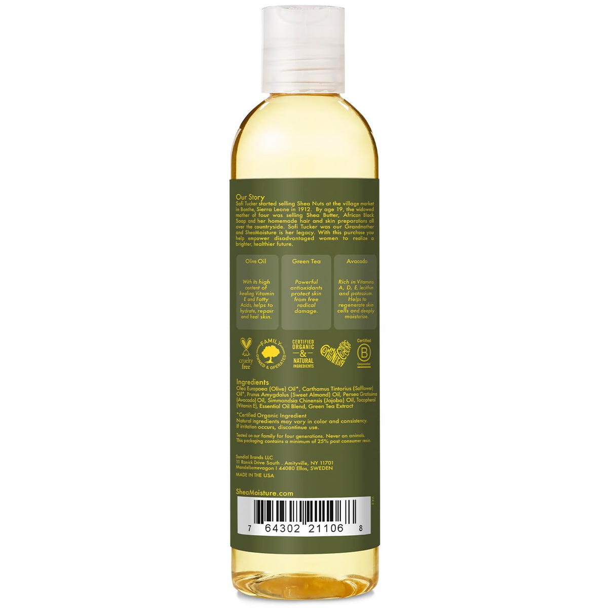 Shea Moisture close-up of bottle label highlighting ingredients and scent