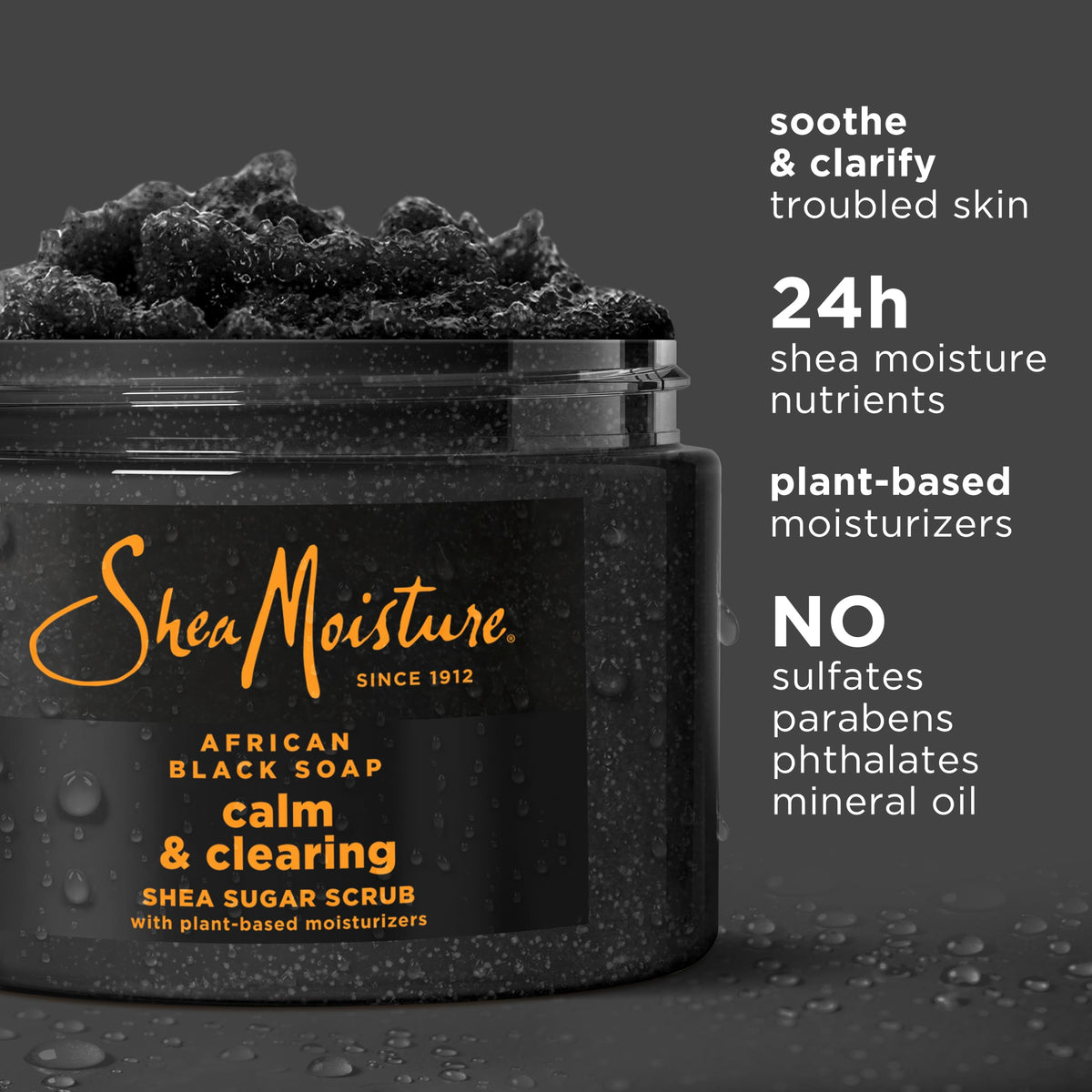SheaMoisture open jar top view showing creamy scrub and nourishing shea butter