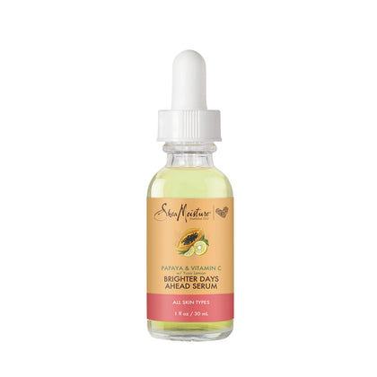 SheaMoisture front bottle view showing brightening serum and clear packaging benefit