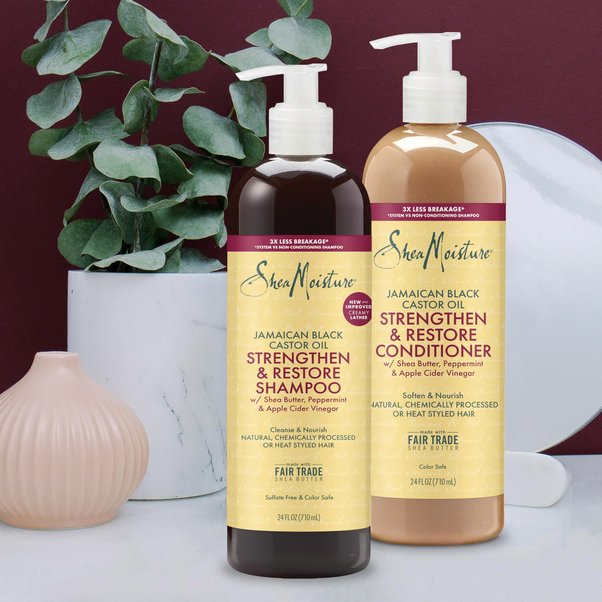 SheaMoisture shampoo and conditioner in shower setting showing in-routine convenience