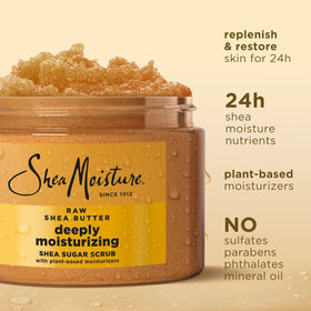 SheaMoisture scrub being applied to skin in shower for softening roughness