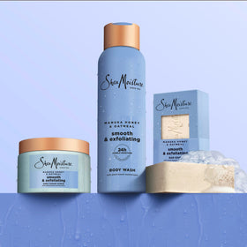SheaMoisture ingredients shot with manuka honey and oats emphasizing natural nourishment