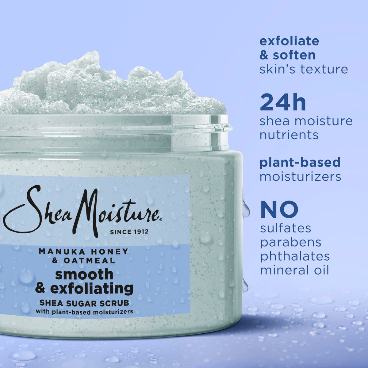SheaMoisture jar open showing creamy scrub and easy scoop for moisturizing application