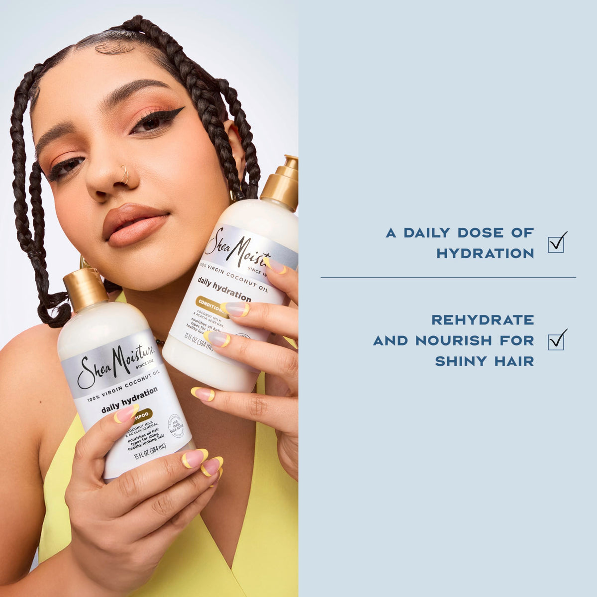 Shea Moisture shampoo pouring to show creamy texture and viscosity