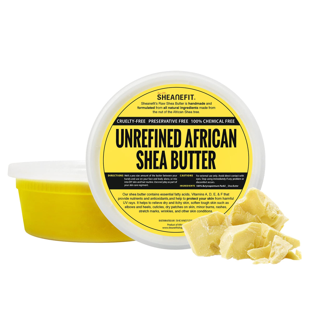 Sheanefit front container showing yellow shea butter and clear product benefits
