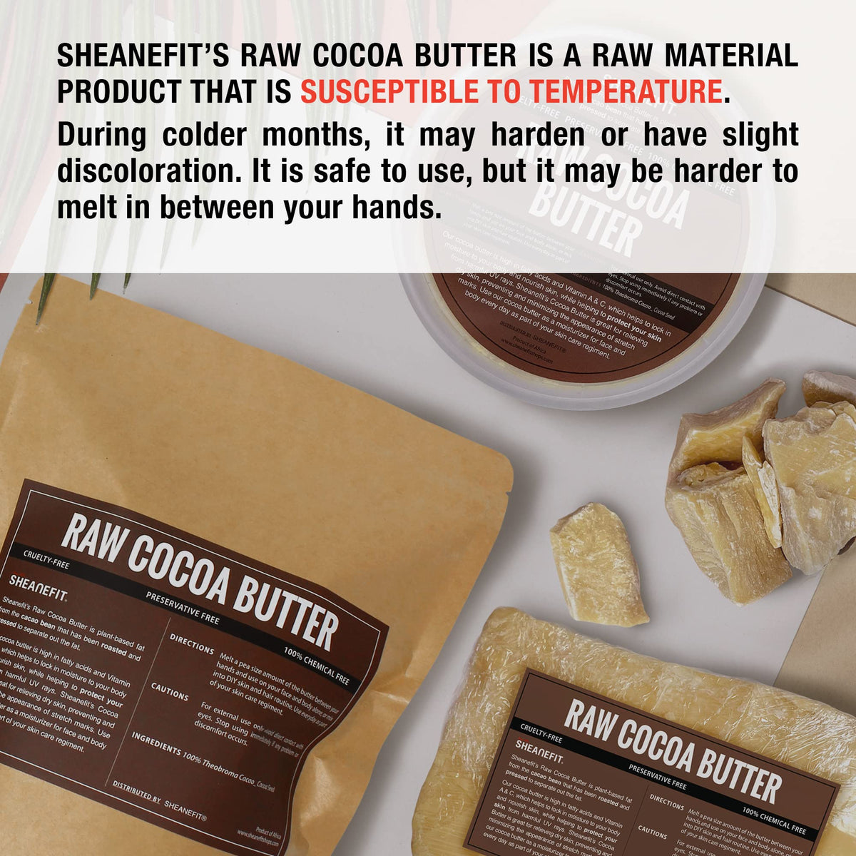 Sheanefit product label close-up emphasizing unrefined and additive-free
