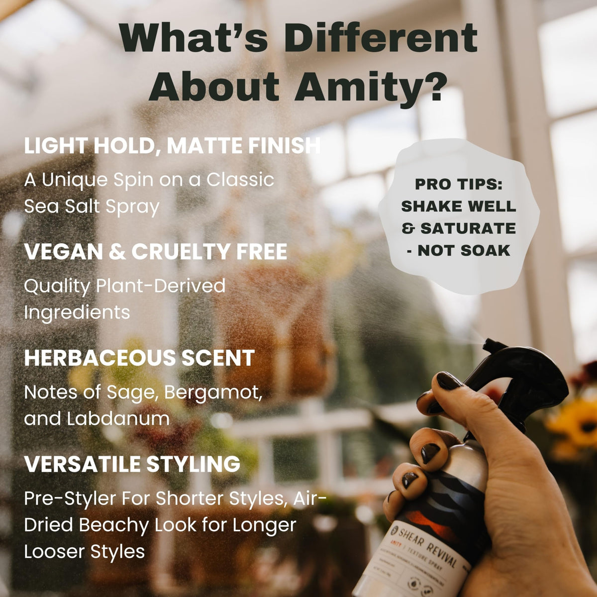 Shear Revival Amity spray mist in air demonstrating even coverage and lightweight hold