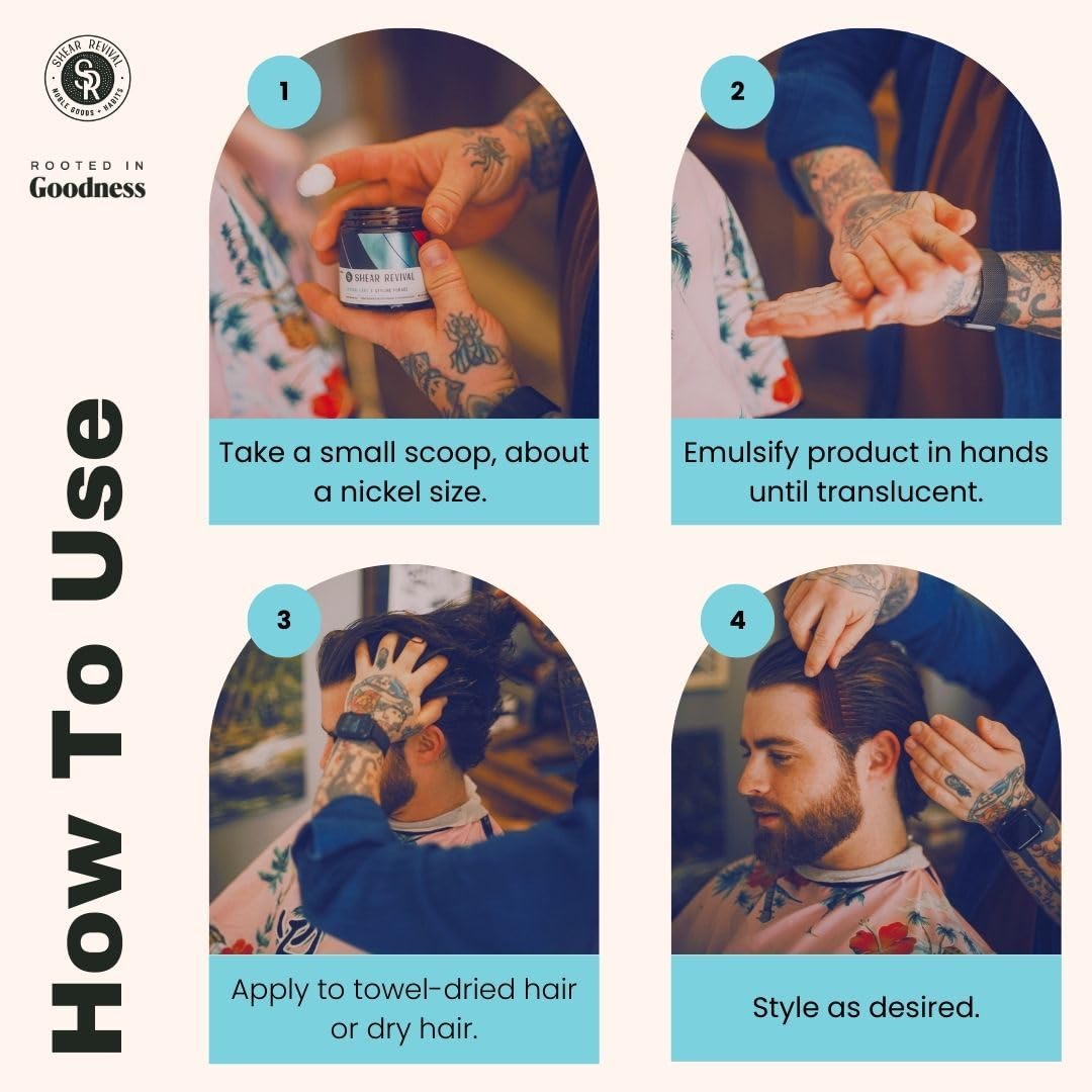 Shear Revival applying pomade to hair from hand, demonstrates easy restyling benefit
