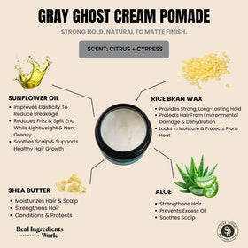 Shear Revival Gray Ghost pomade in use styling short hair, demonstrates strong hold