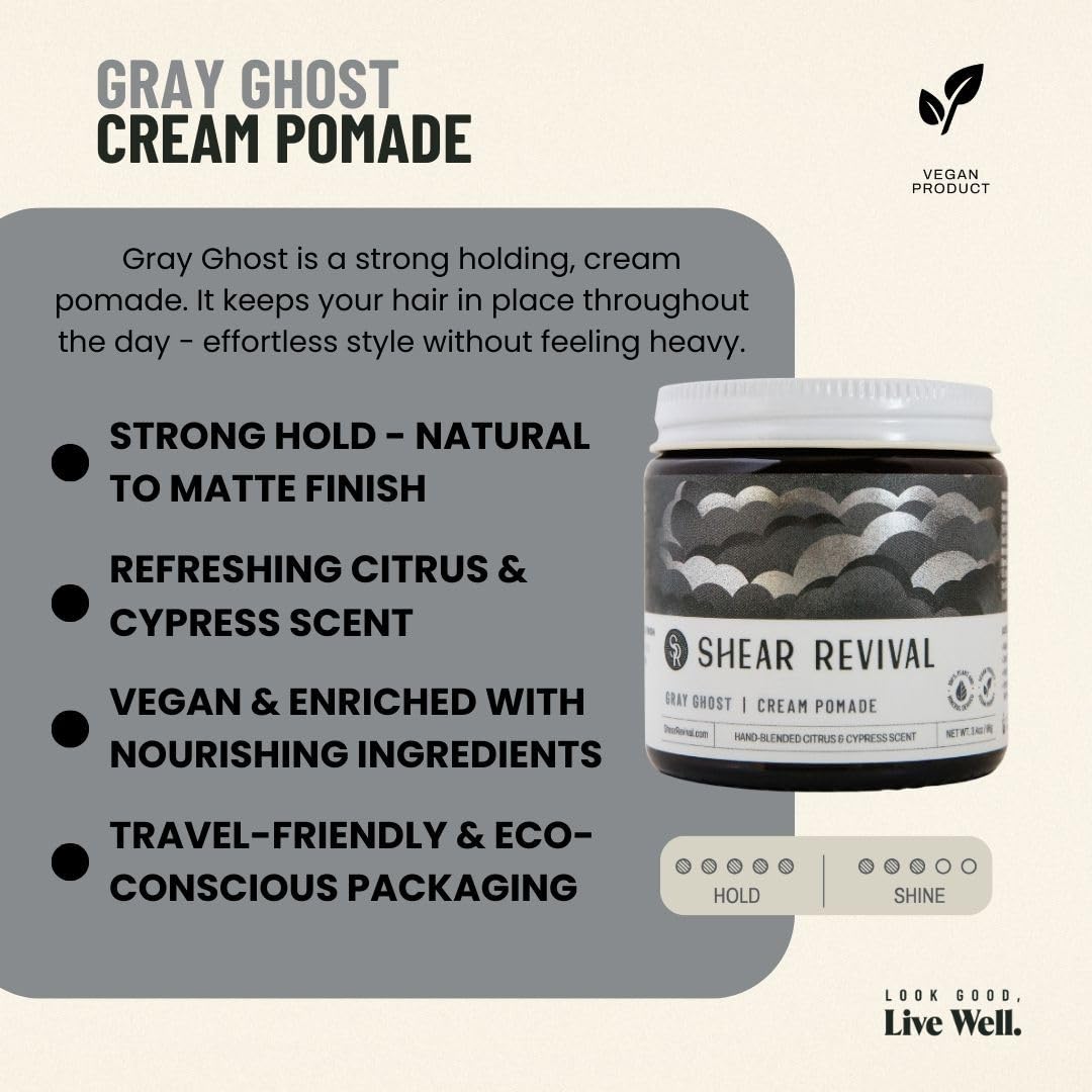 Shear Revival Gray Ghost cream texture close-up, displays spreadable lightweight formula