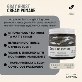 Shear Revival Gray Ghost cream texture close-up, displays spreadable lightweight formula