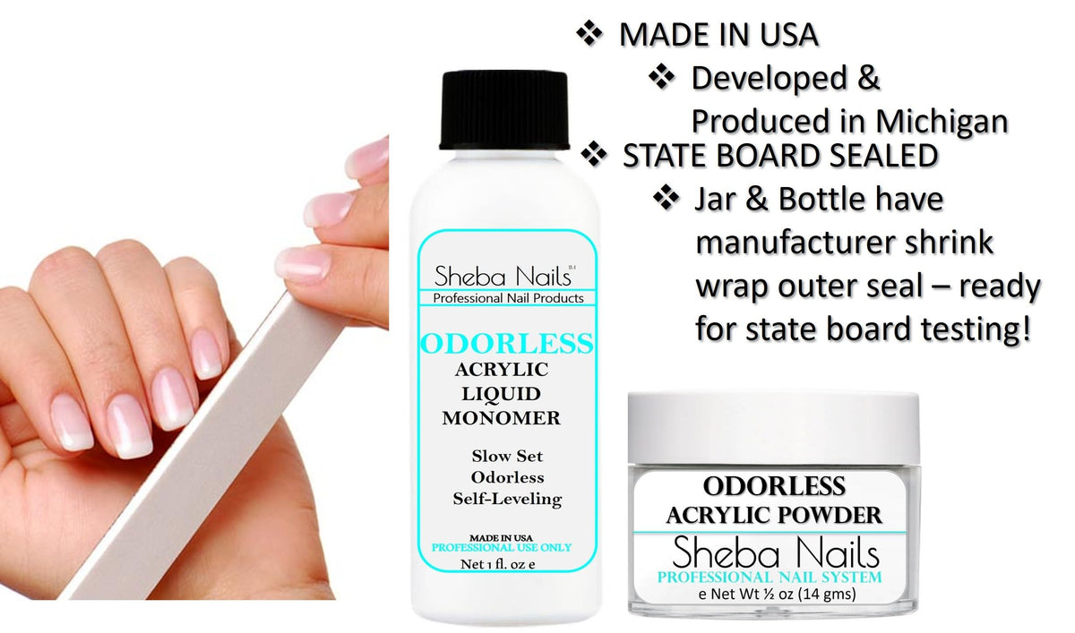 Sheba Nails monomer bottle close-up highlighting sealed cap and low-odor formulation benefit