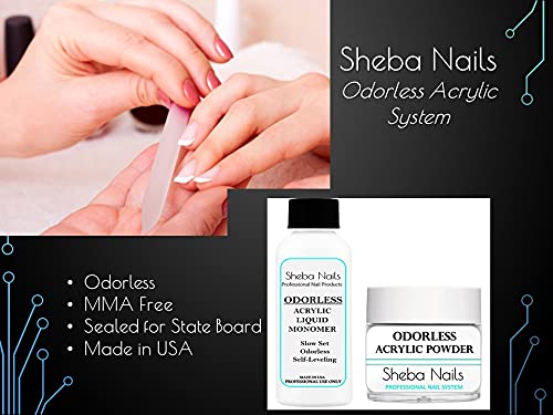 Sheba Nails technician applying acrylic in salon setting showing odorless client comfort benefit