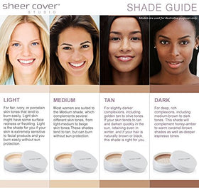 Sheer Cover trio on a vanity with makeup tools showing quick everyday glow