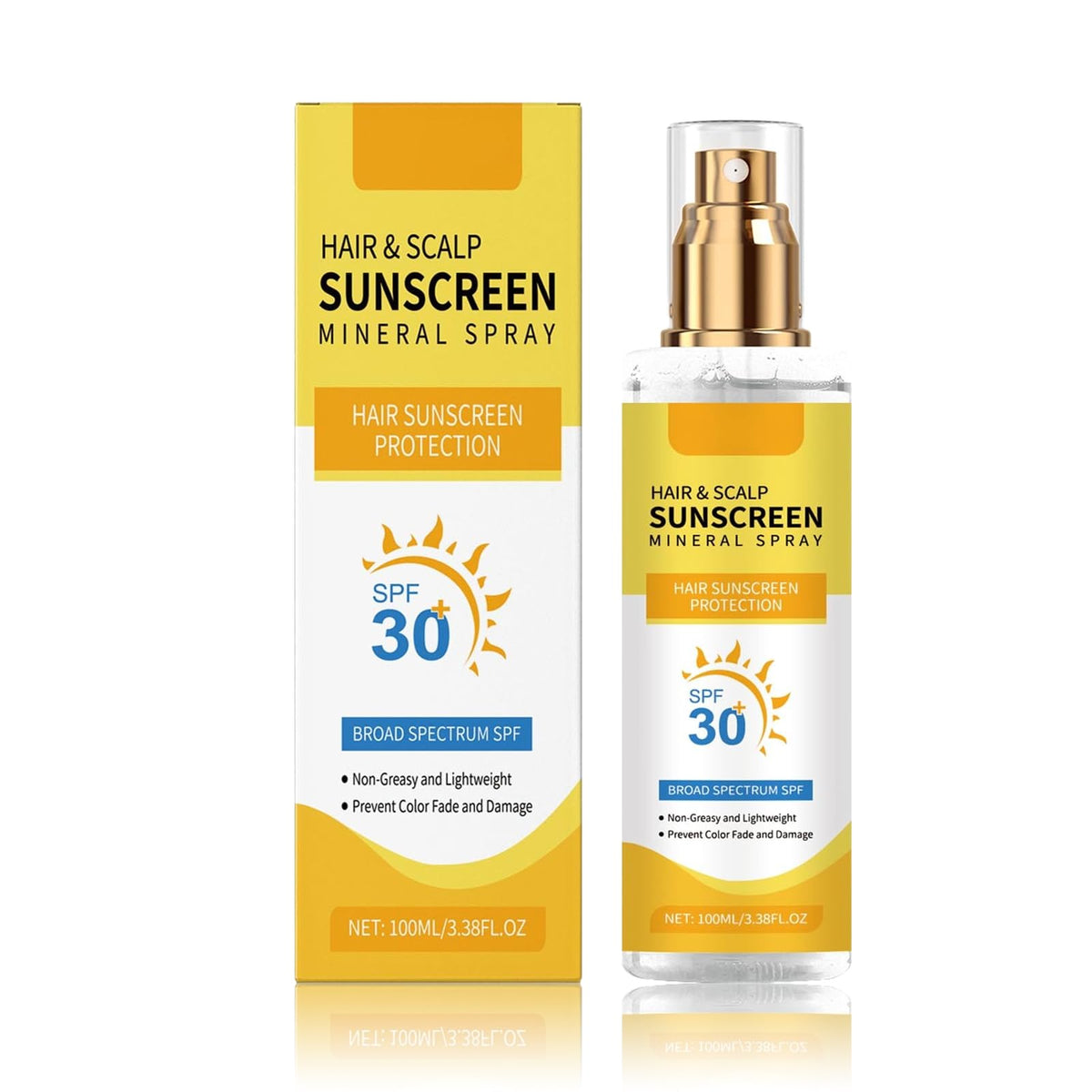 Sheghy front packaging showing SPF 30 spray protecting hair