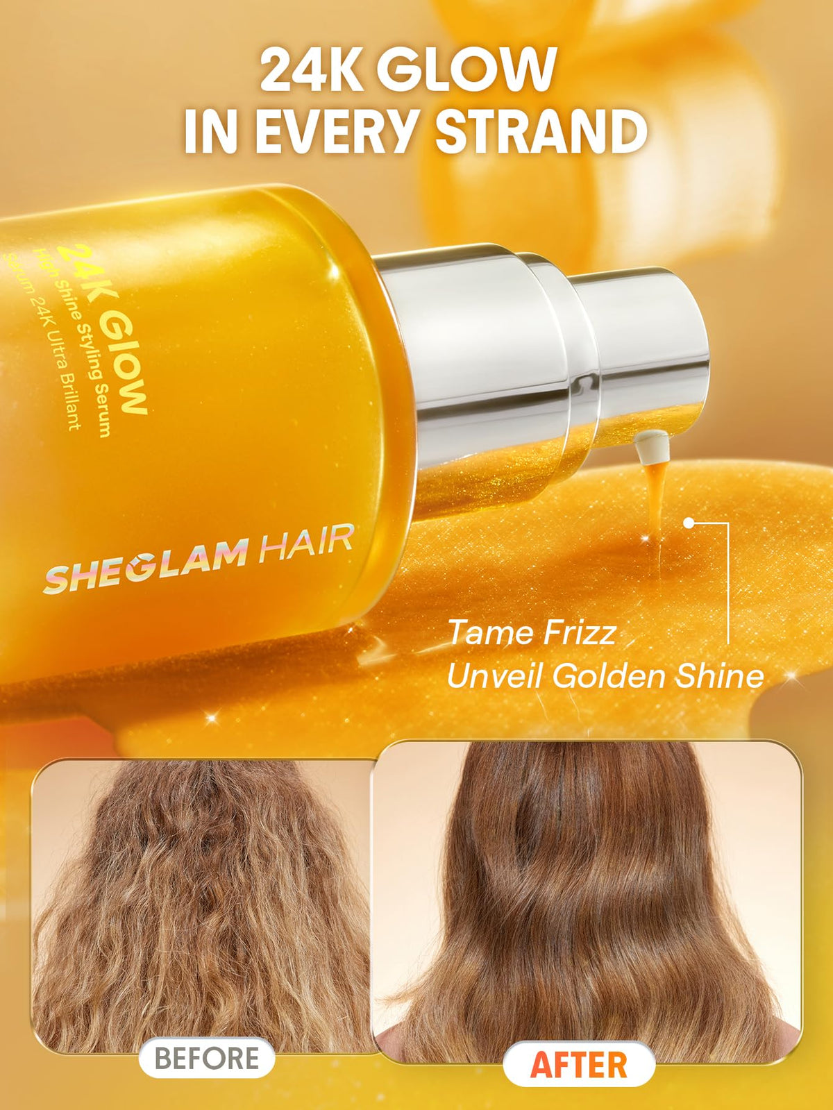SHEGLAM before and after hair showing increased shine and reduced frizz