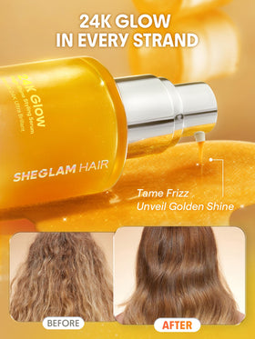 SHEGLAM before and after hair showing increased shine and reduced frizz