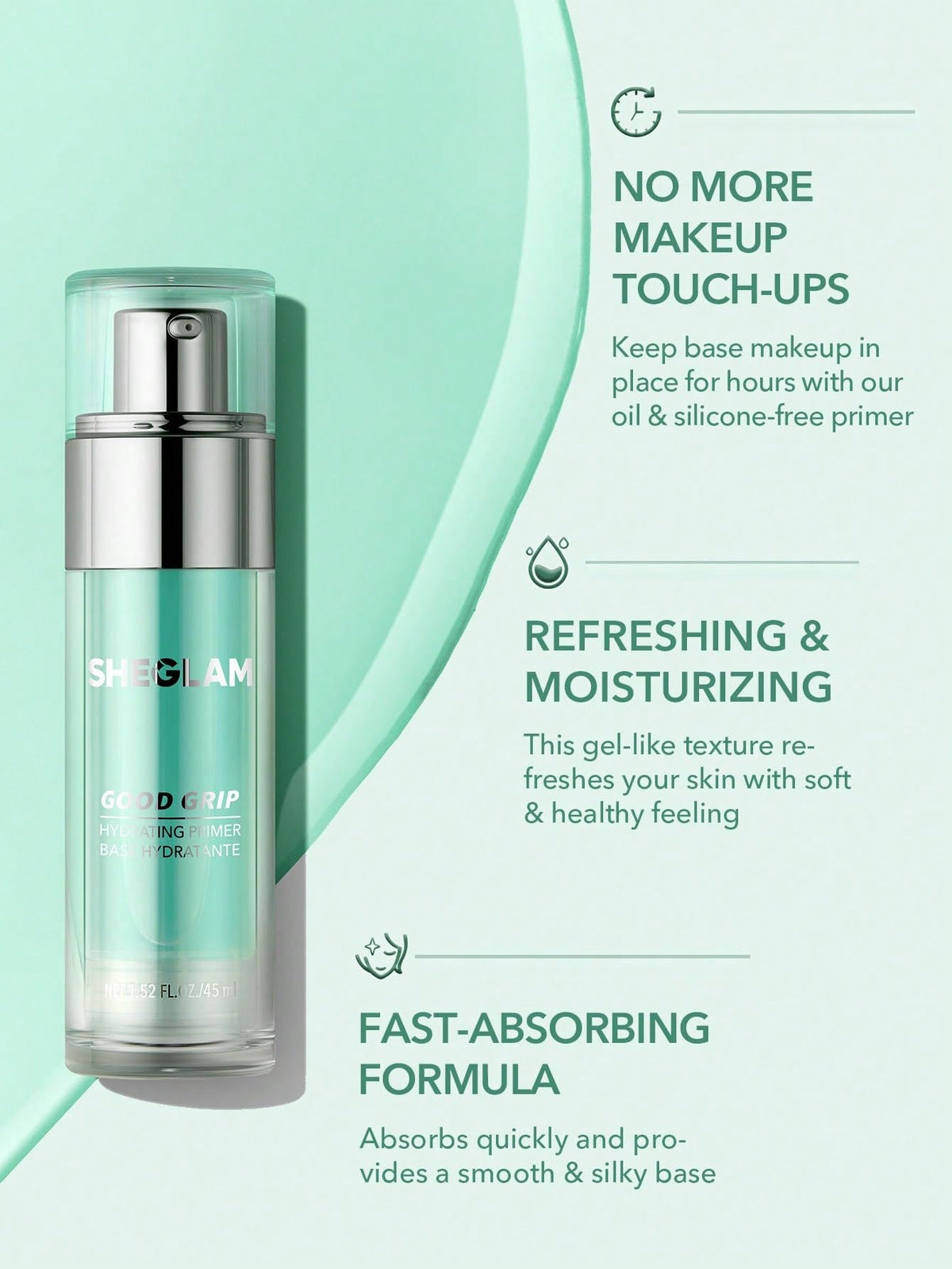 SHEGLAM primer under foundation illustrating improved adherence and even coverage