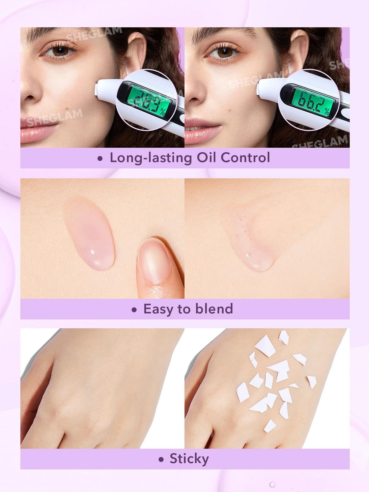 SHEGLAM Good Grip ingredient label highlighting oil free silicone free formulation