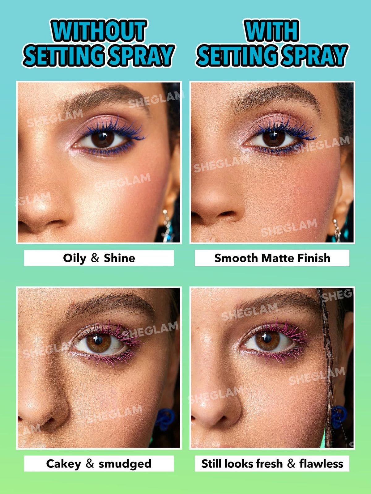 Model using SHEGLAM mist to set makeup illustrating refresh benefit during day