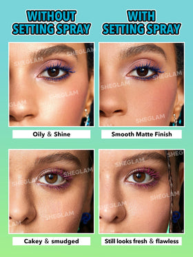 Model using SHEGLAM mist to set makeup illustrating refresh benefit during day