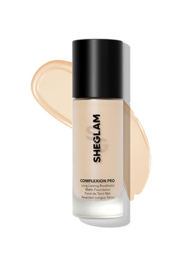 SHEGLAM porcelain front bottle showing compact packaging and lasting coverage