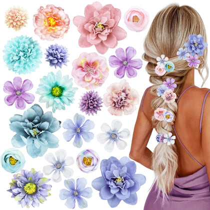 SHEHARUHI front view of blue and purple flower clip set showing variety and colors