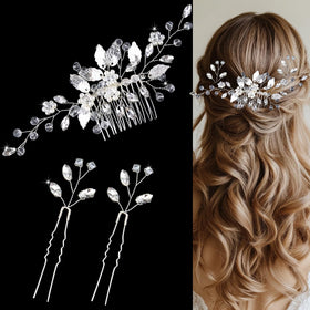 SHEHARUHI front view of silver crystal hair comb highlighting sparkle and elegance