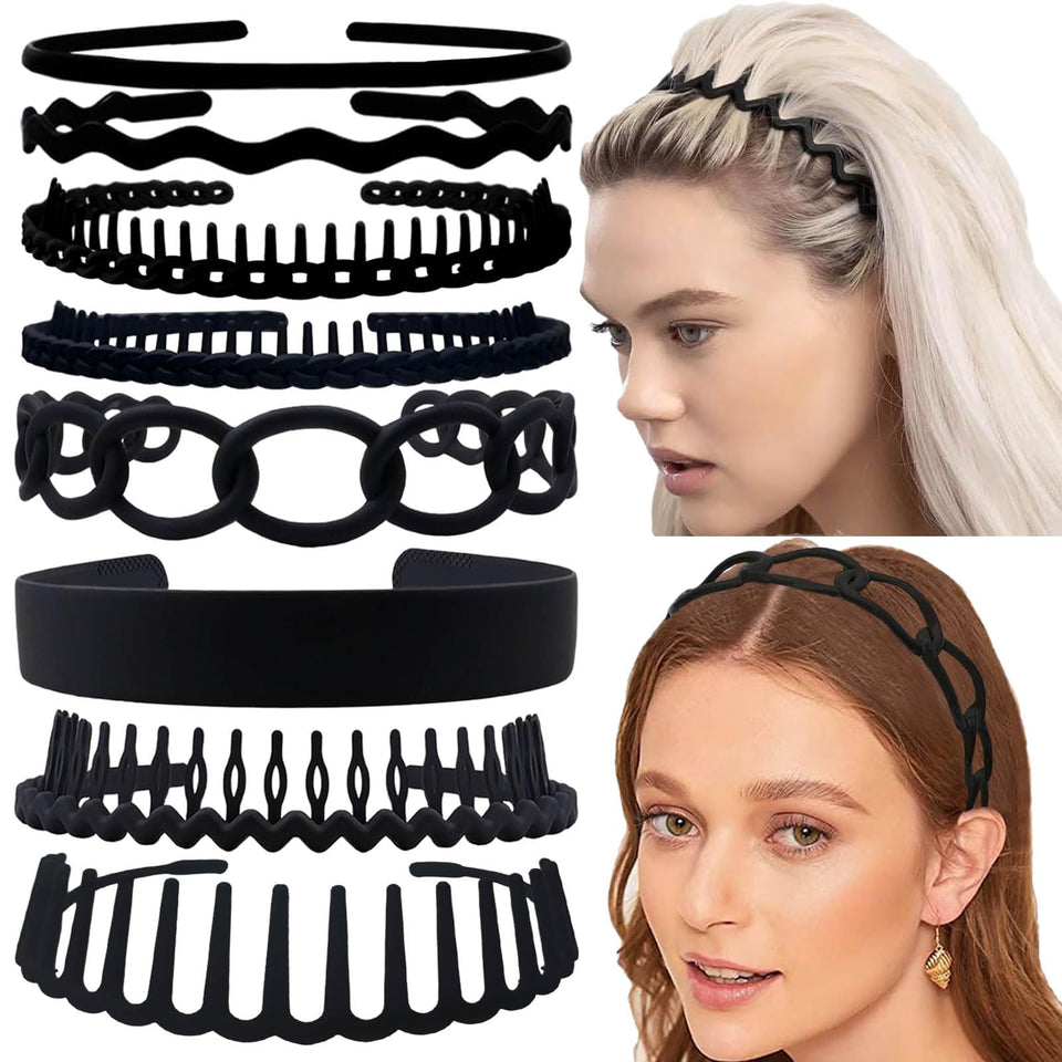 SHEHARUHI front view of eight black headbands showing variety and convenience