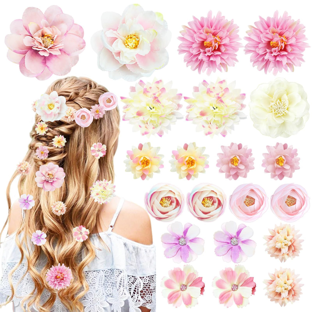 SHEHARUHI front view of pink and purple floral clip set showing variety and colors