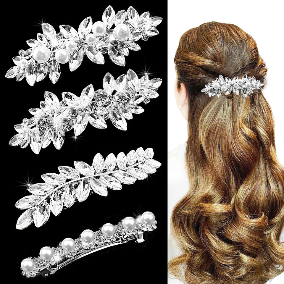 SHEHARUHI front view of four silver rhinestone pearl hair clips showing elegant set