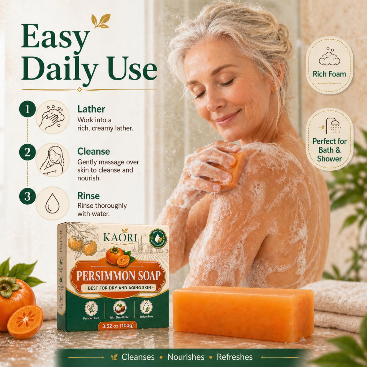 shekys KAORI soap in hand showing size and portable convenience