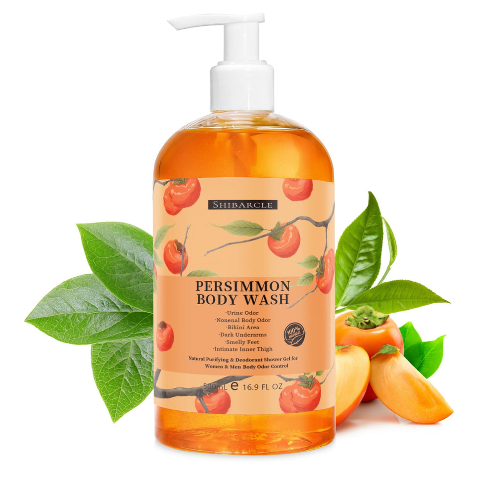 Shibarcle persimmon front bottle showing clean botanical design and benefits