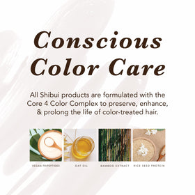 SHIBUI label highlighting Core 4 Color Care Complex for color protection