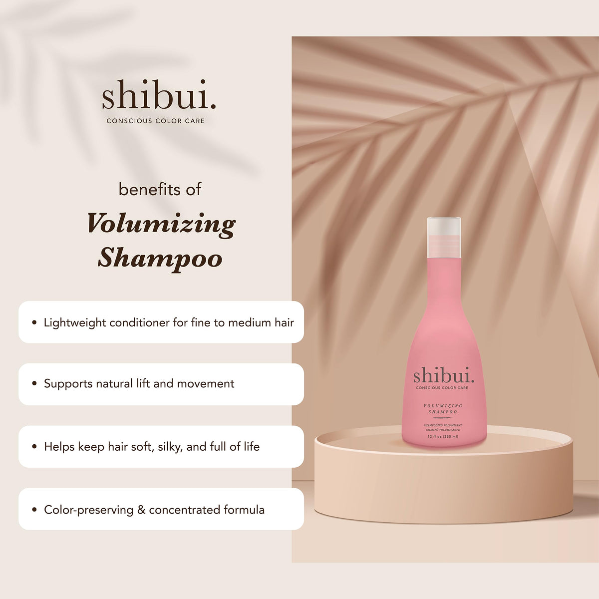 Close-up of Shibui label and pump highlighting clean formula benefits