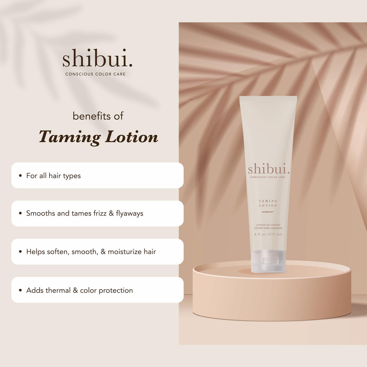 SHIBUI pump and label close-up highlighting ingredients and benefits