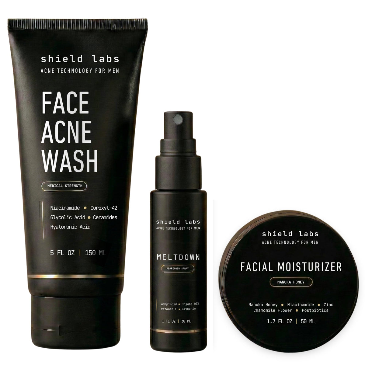 Shield face acne system front packaging showing the three-step kit and clear instructions