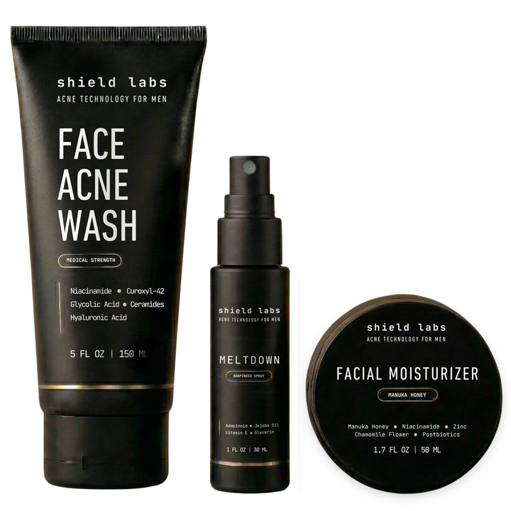 Shield face acne system front packaging showing the three-step kit and clear instructions
