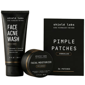 Shield front packaging showing full two-month acne kit and clear branding benefits