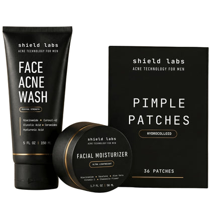 Shield front packaging showing full two-month acne kit and clear branding benefits