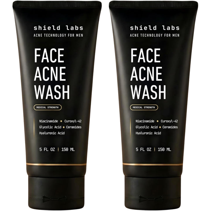 Shield front packaging showing bottle and branding with acne treatment benefit