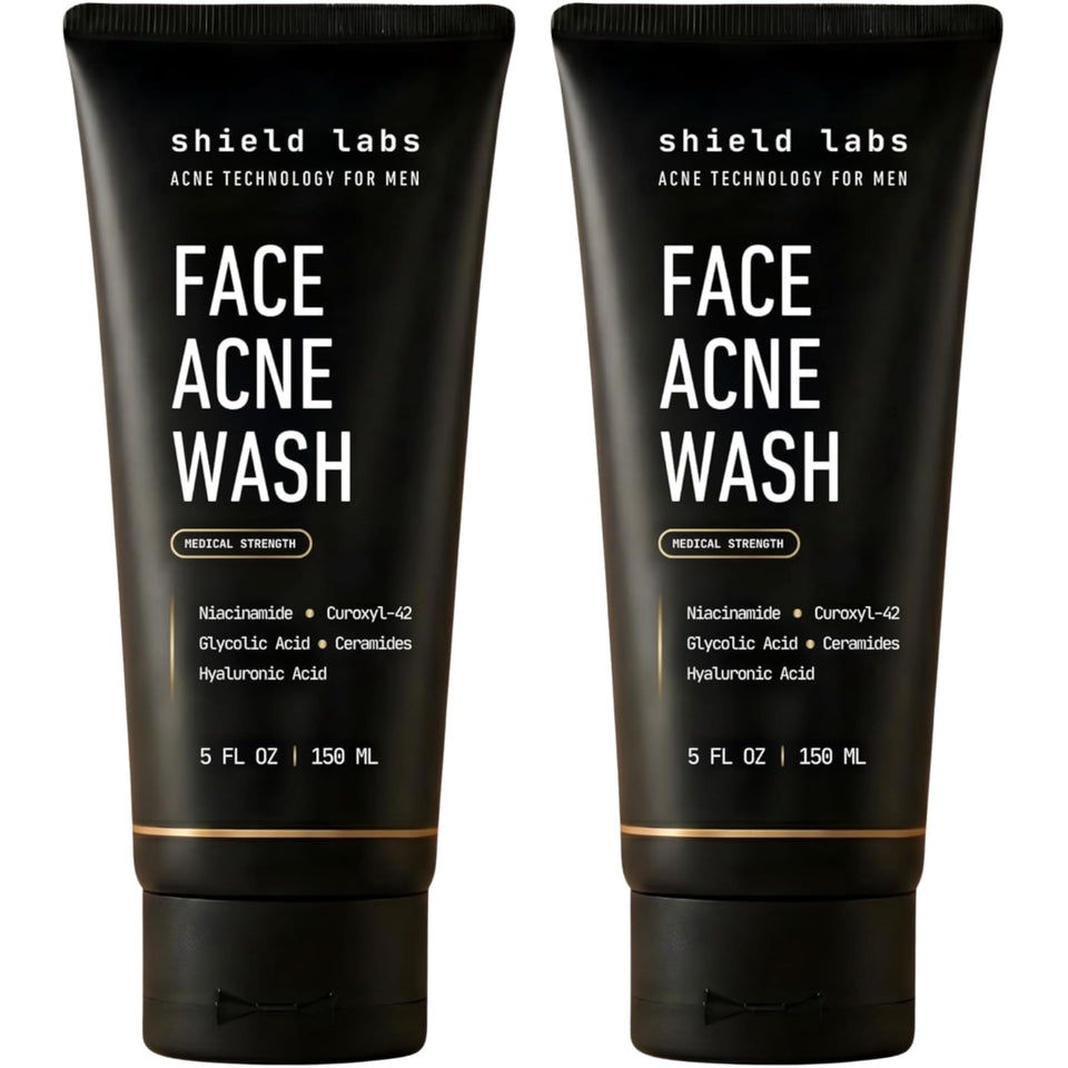 Shield front packaging showing bottle and branding with acne treatment benefit