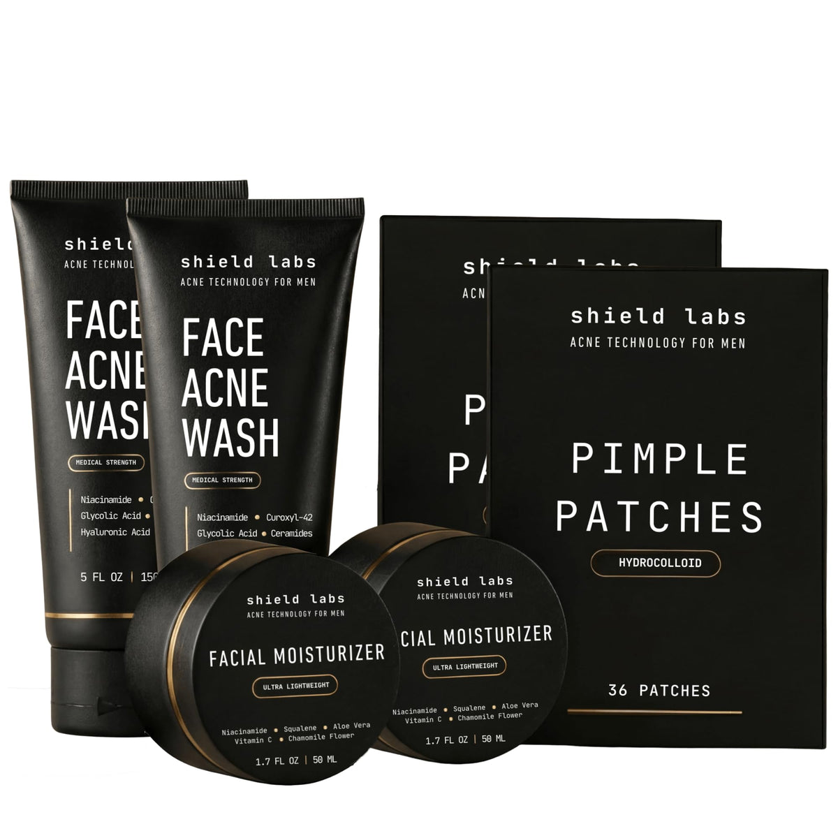 Shield front packaging showing full men's acne system and benefits