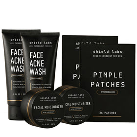 Shield front packaging showing full men's acne system and benefits