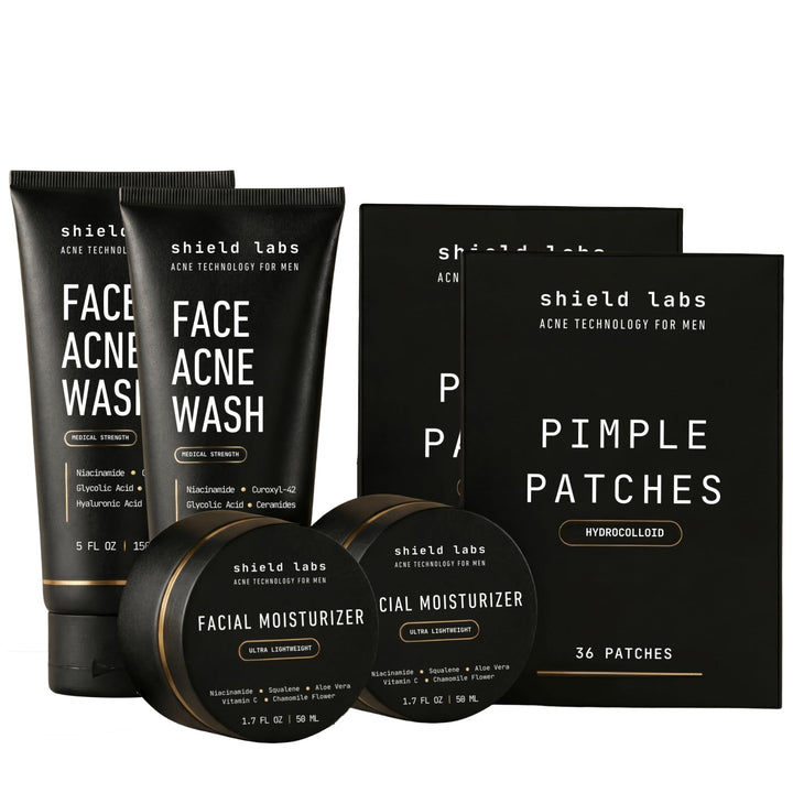 Shield front packaging showing full men's acne system and benefits