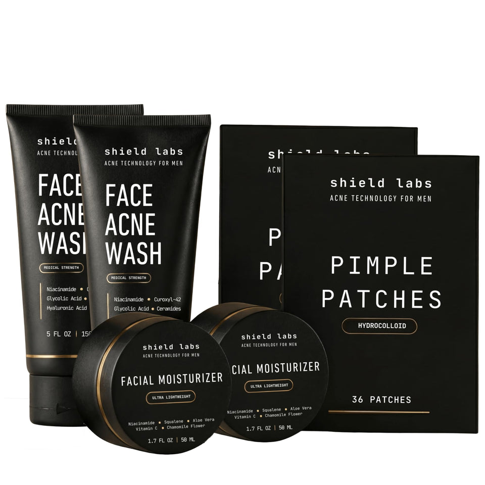 Shield front packaging showing full men's acne system and benefits