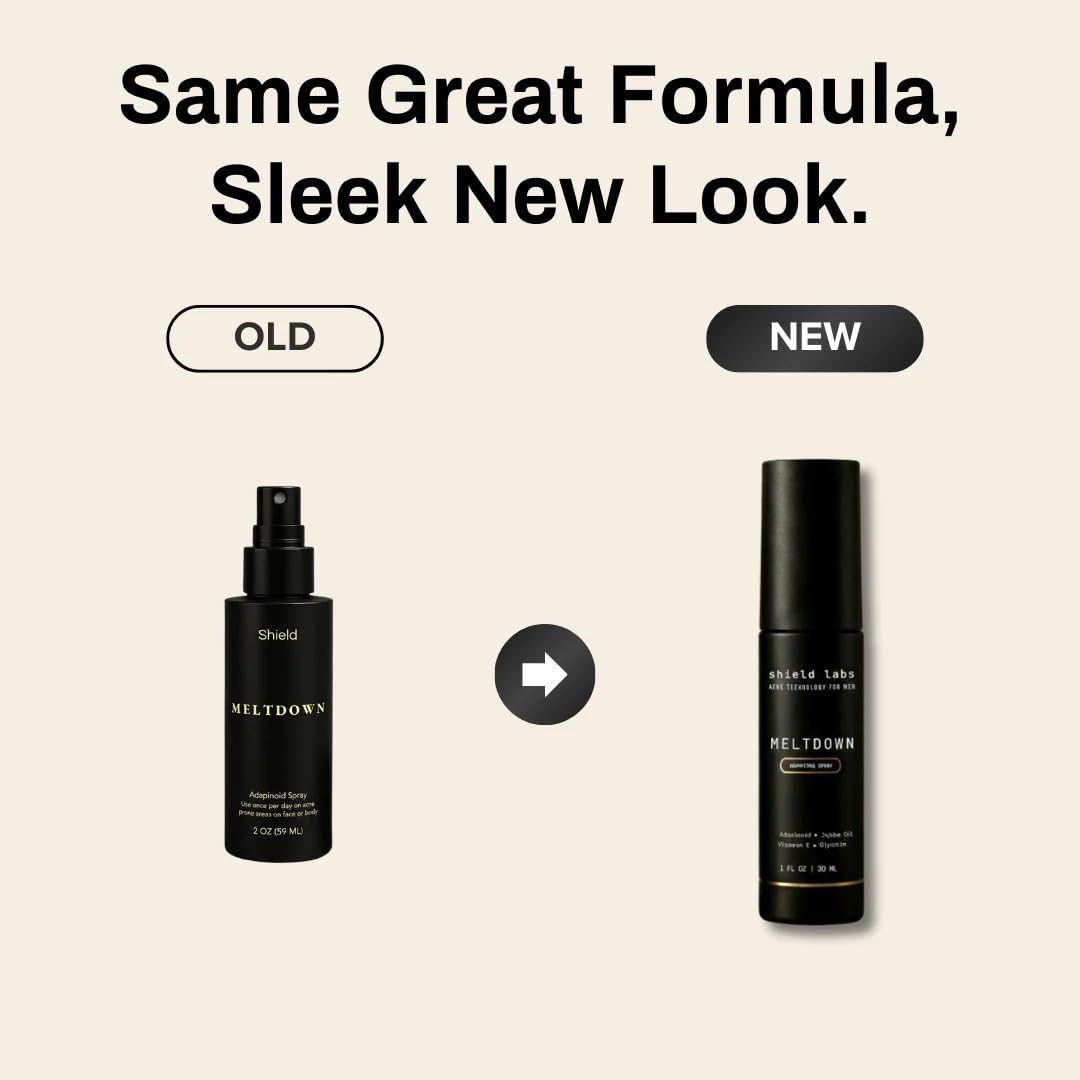Shield Meltdown close-up label highlighting adapinoid and active ingredient benefits