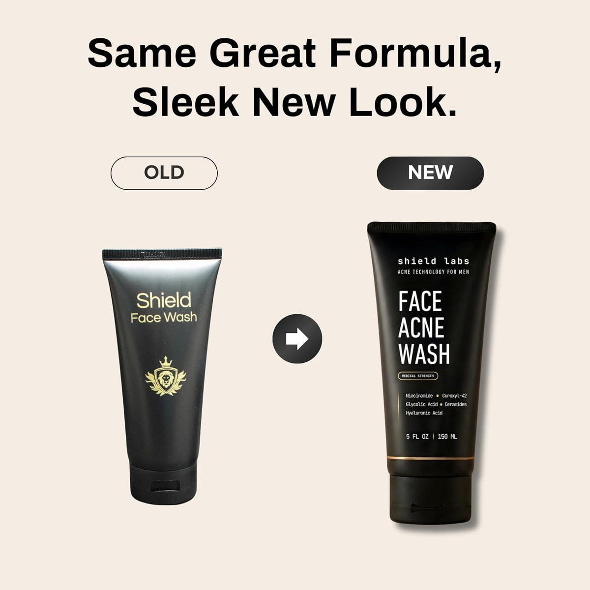 Shield pump and label closeup highlighting active formula and FDA-cleared acne treatment benefit