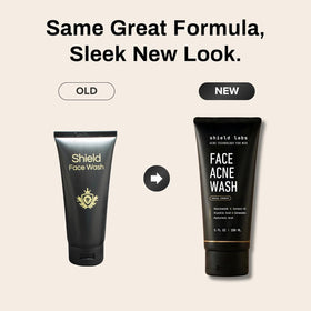 Shield pump and label closeup highlighting active formula and FDA-cleared acne treatment benefit