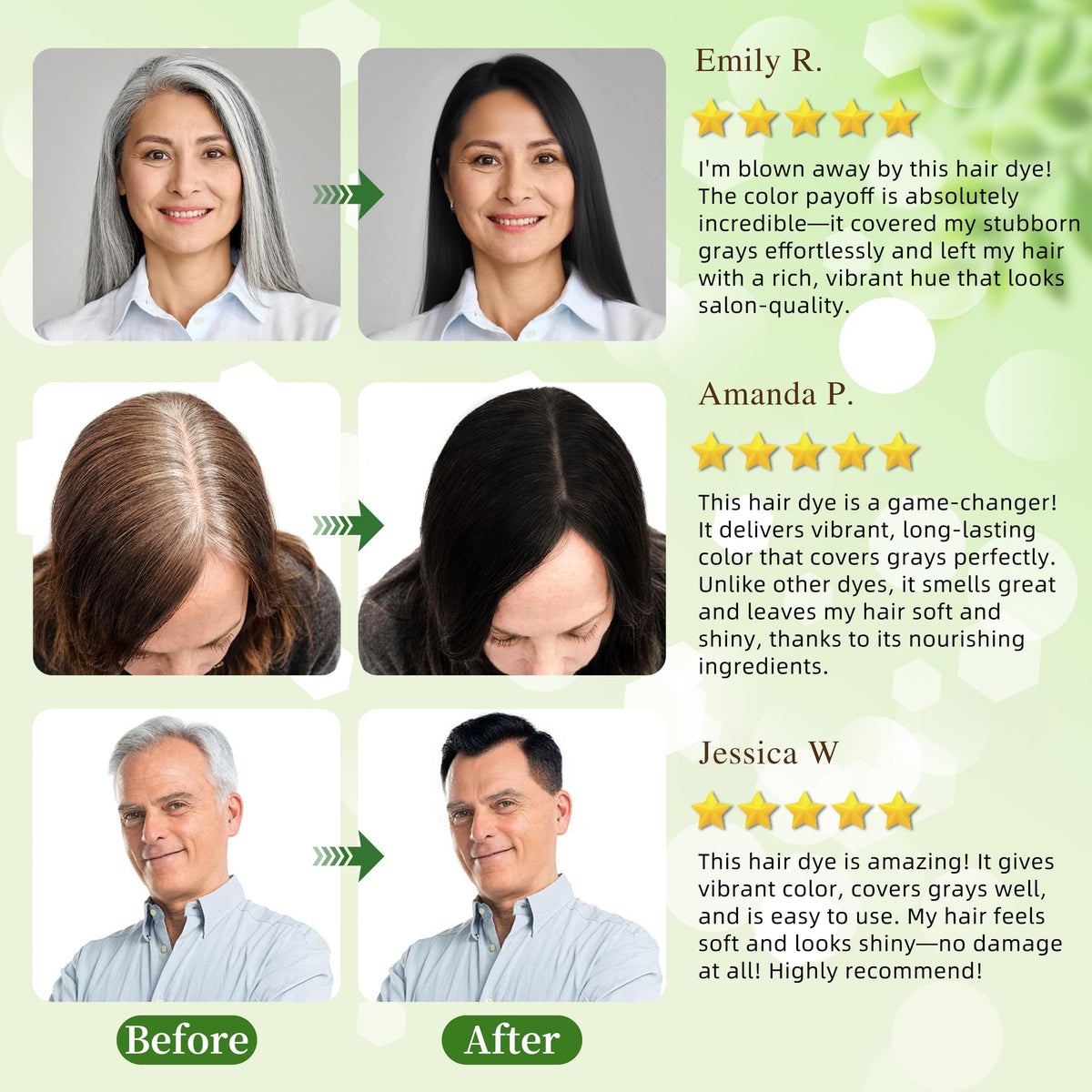 SHIHUANUO before and after hair strands showing grey coverage improvement